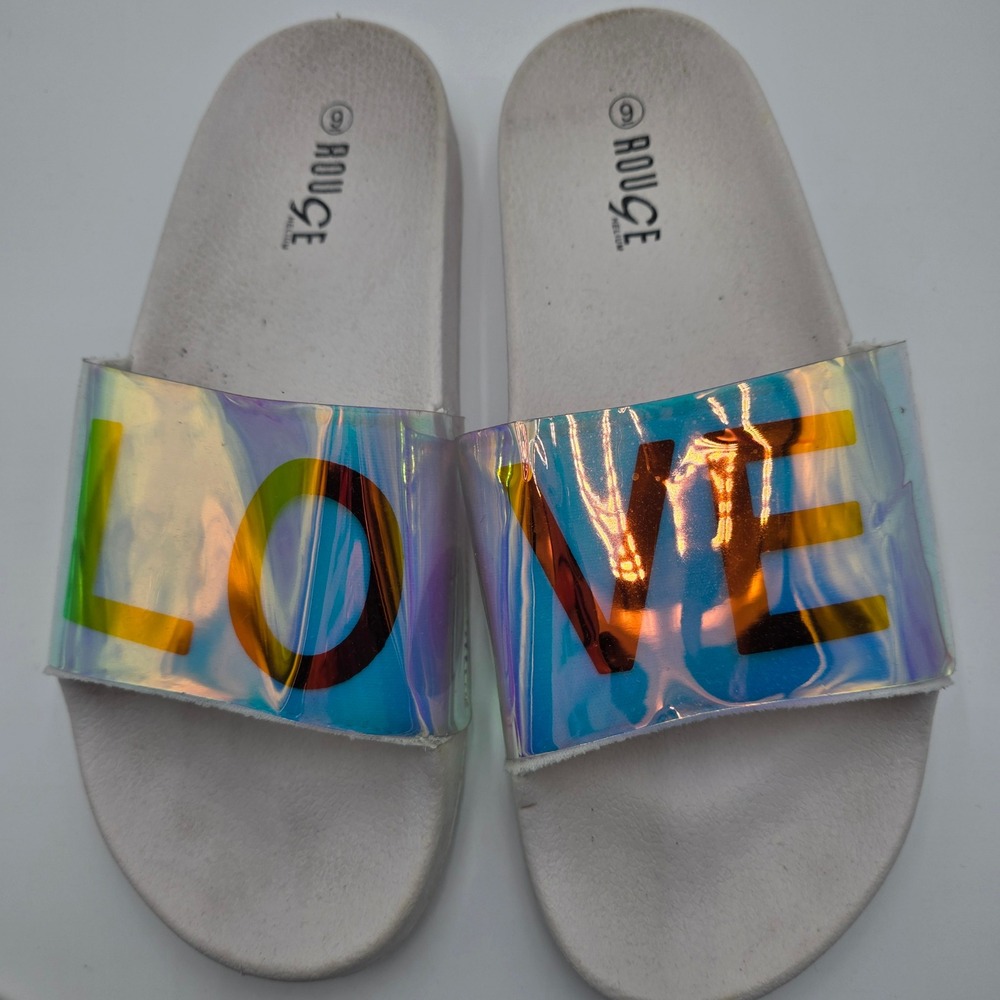 Rouge Helium Women's Love Holographic Iridescent Slide Sandals White Size 9